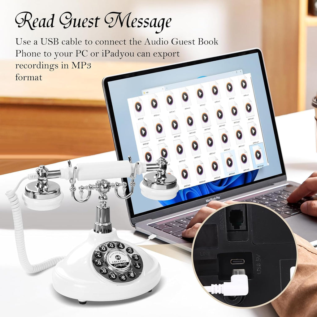 Audio Guest Book Wedding Phone,Audio Guestbook Phone Vintage Style Audio Message Voicemail for Graduation Retirement Party Birthdays Baby Shower Special Occasions (White)