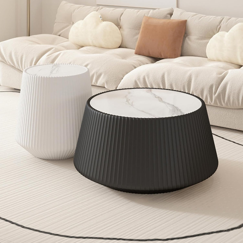 Round Living Room Table Set, 26.77' Black Drum Center Table and 19.68' White Coffee Table Set, 2 Pieces Coffee Table Set with Sintered Stone Tabletop, Fluted PU Leather Covered and Stable Base