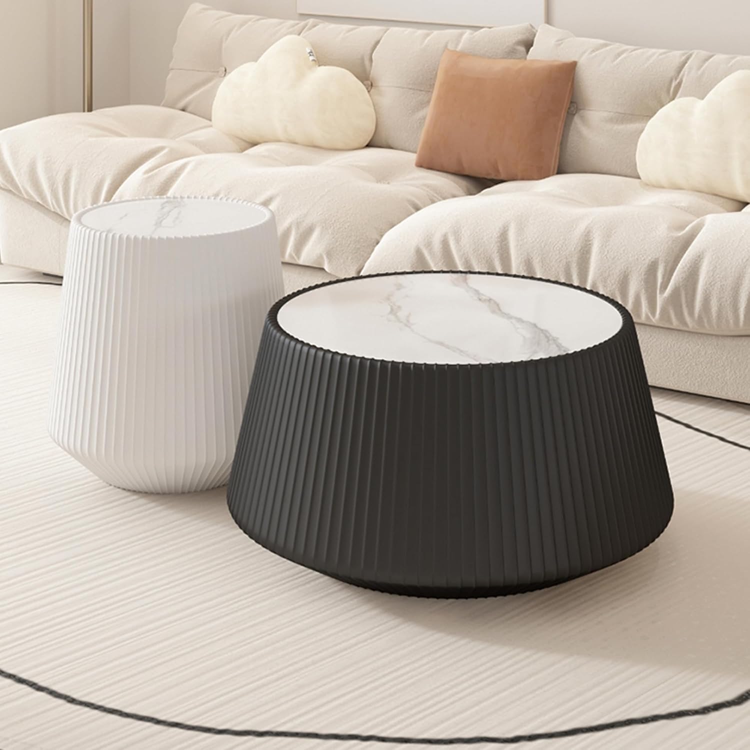 Round Living Room Table Set, 26.77' Black Drum Center Table and 19.68' White Coffee Table Set, 2 Pieces Coffee Table Set with Sintered Stone Tabletop, Fluted PU Leather Covered and Stable Base