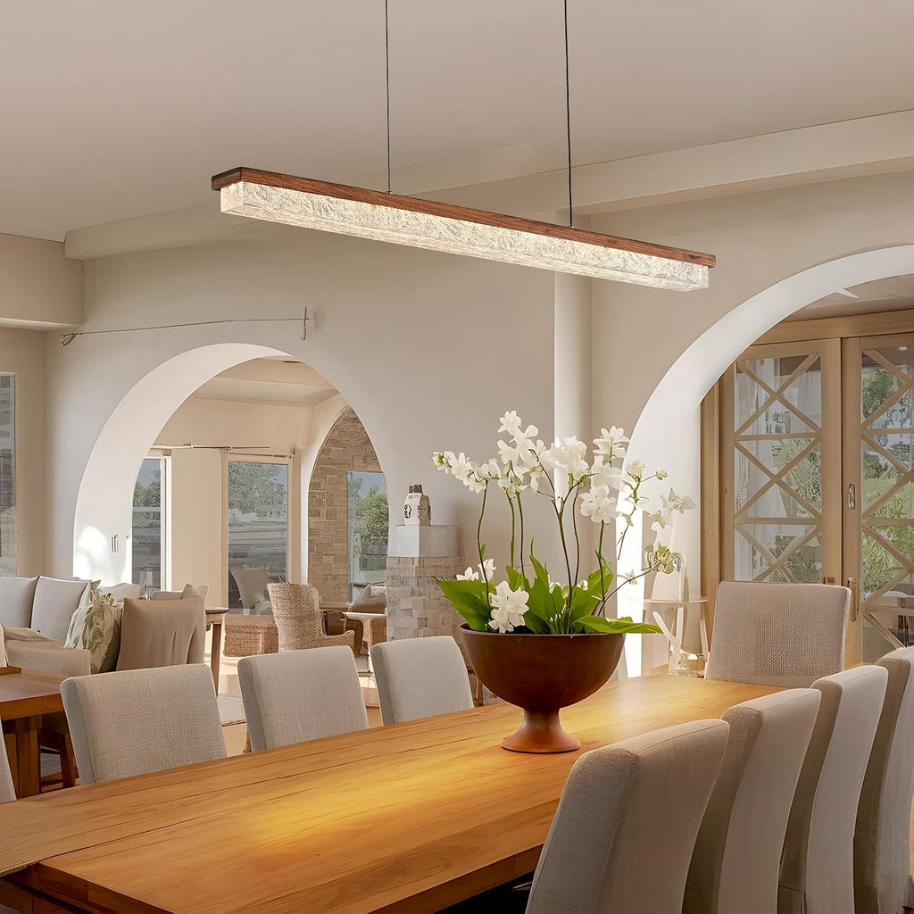 Wood Linear Chandelier,Dimmable Kitchen Island Lighting with Remote,Modern LED Pendant Light Fixture for Dining Room Over Table,Walnut Linear Chandeliers for bar,Living Room,Pool Table, 3000K-6000K.