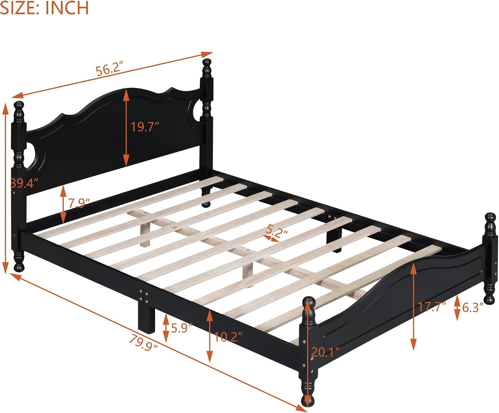Solid Wood Bed Frame Full Size, Wooden Retro Style Platform Bed Frame with Headboard and Footboard, Heavy Duty Bed Frame with 10 Wood Slats Support,No Box Spring Needed,Noiseless (Black, Full)