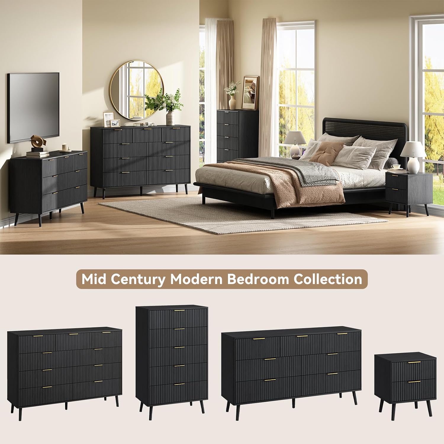 CARPETNAL Fluted Dresser and Nightstand Sets for Bedroom, 3 Pcs Bedroom Set, 7-Drawer Dresser & 2-Drawer Nightstand Set of 2, Modern Wood Chest of Drawers for Living Room, Entryway, Black