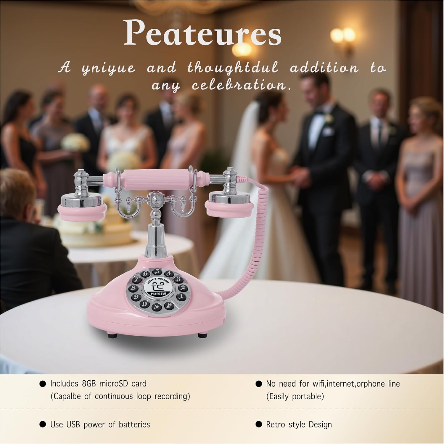 Audio Guest Book Wedding Phone,Audio Guestbook Phone Vintage Style Audio Message Voicemail for Graduation Retirement Party Birthdays Baby Shower Special Occasions (Pink)