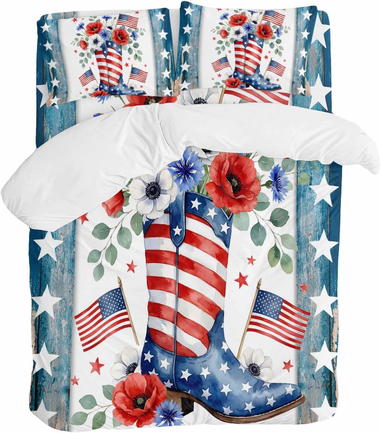 Independence Day Duvet Cover Set Queen Size 4 Pieces American Flag Boots Flowers Blue Wood Grain Bedding Set with Zipper Closure, 1 Comforter Cover 86x86 Inches 1 Flat Sheet & 2 Pillow Cases