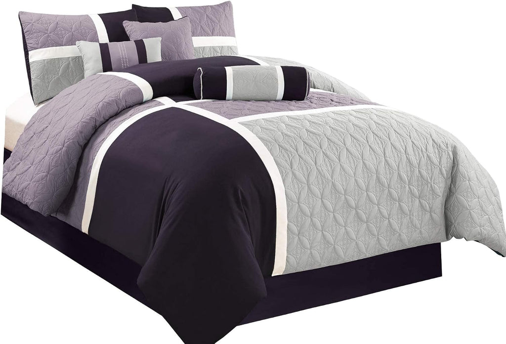 Chezmoi Collection Upland 7-Piece Quilted Patchwork Comforter Set, Lavender/Gray/Purple, Oversized King