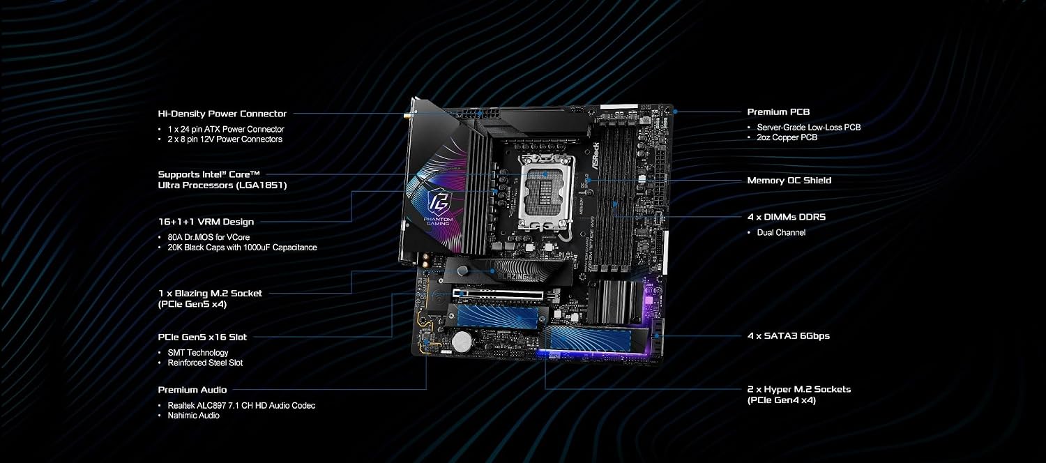 ASRock Z890M Riptide WiFi 6E Phantom Gaming Intel Core Ultra Z890 LGA1851 RL-ILM DDR5 9066 MHz 256 GB M.2 Micro ATX Motherboard