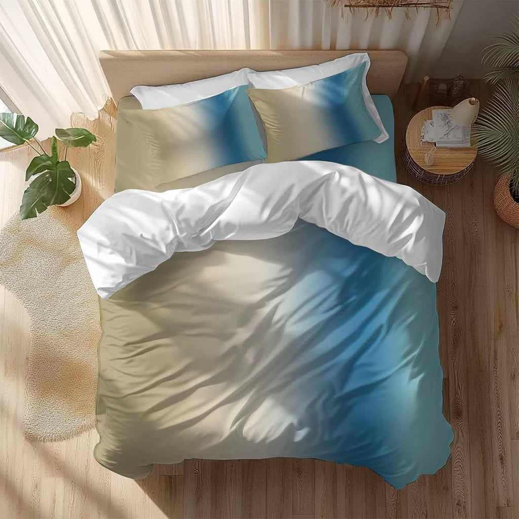 Gradient Brown Blue Duvet Cover Set Queen Size 4 Pieces Modern Abstract Minimalist Beige Ocean Beach Bedding Set with Zipper Closure, 1 Comforter Cover 92x106 Inches 1 Flat Sheet & 2 Pillow Cases