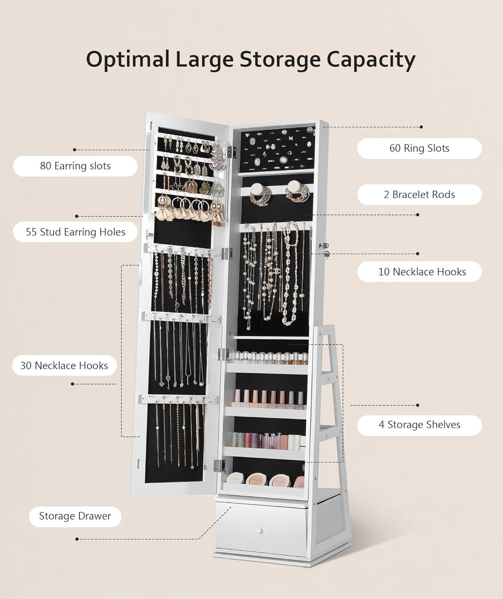 Nicetree 360°Swivel Jewelry Cabinet,Rotatable Full Length Mirror with Jewelry Storage,Standing Jewelry Armoire Organizer, Lockable Jewelry Organizer with 3 Rear Shelves,Bottom Drawer,Pure White