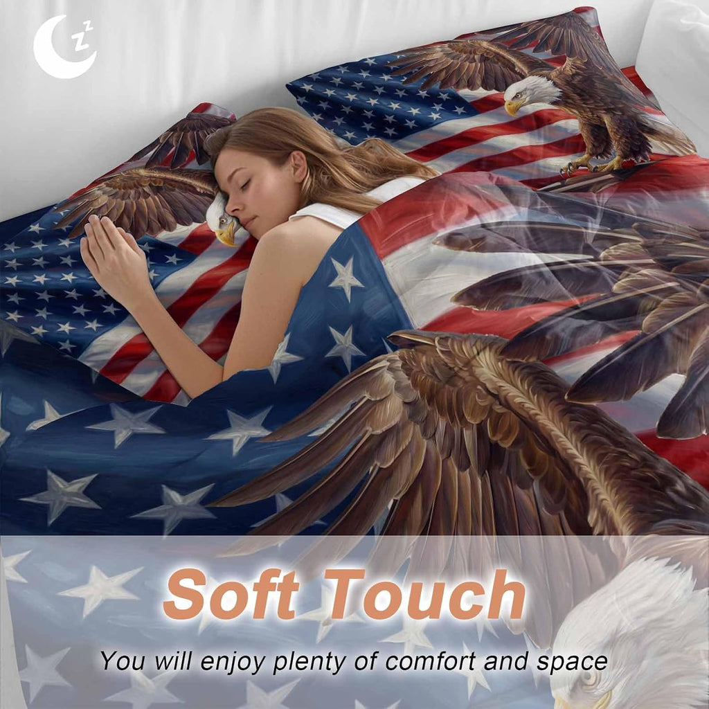 Independence Day Duvet Cover Set Queen Size 4 Pieces Watercolor U. S. Flag Soaring Bald Eagle Bedding Set with Zipper Closure, 1 Comforter Cover 92x106 Inches 1 Flat Sheet & 2 Pillow Cases