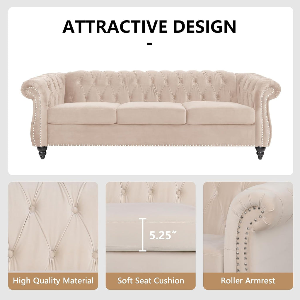 QHITTY 3 Piece Living Room Set, Sectional Chesterfield Sofa Chair Contemporary Upholstered Velvet Loveseat Couch Sets for Living Room, Bedroom, Office (Beige)