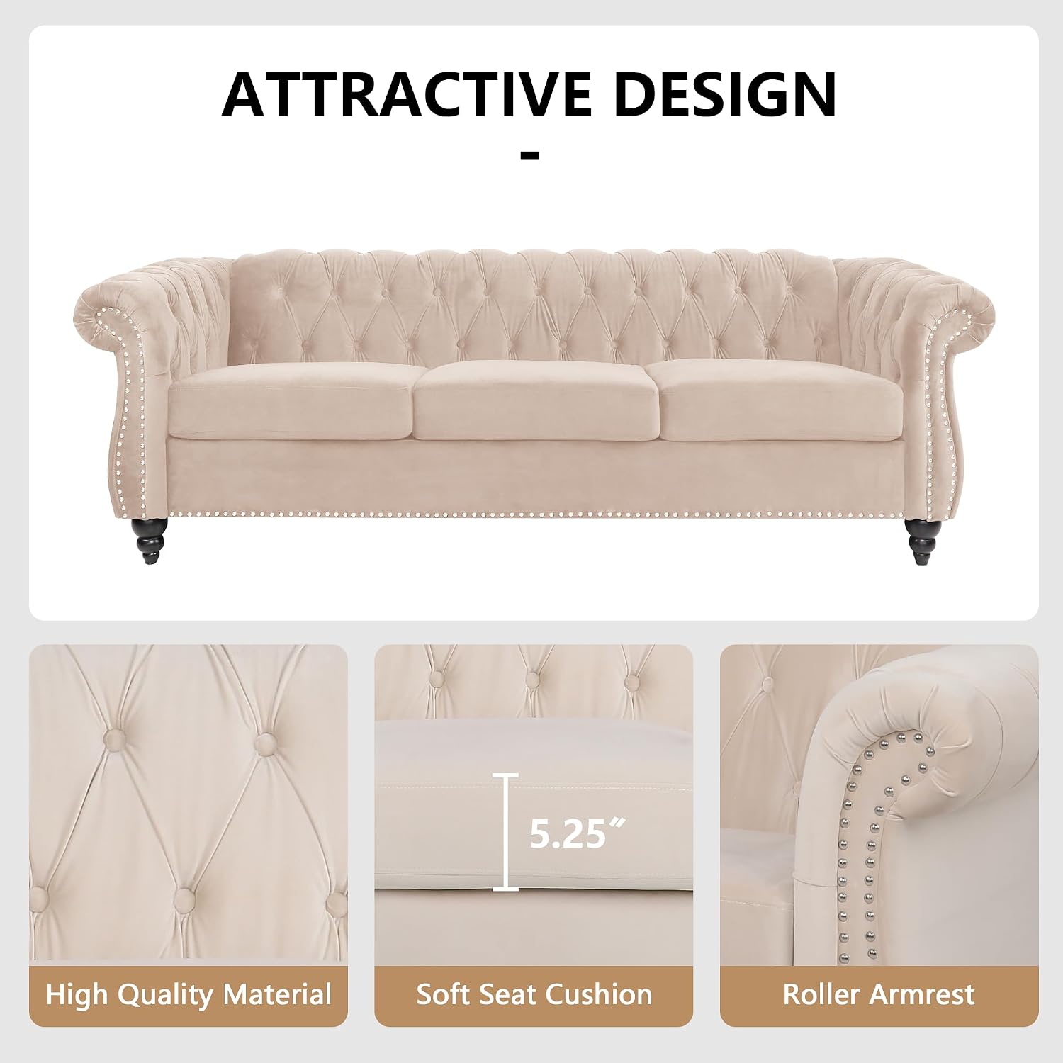 QHITTY 3 Piece Living Room Set, Sectional Chesterfield Sofa Chair Contemporary Upholstered Velvet Loveseat Couch Sets for Living Room, Bedroom, Office (Beige)