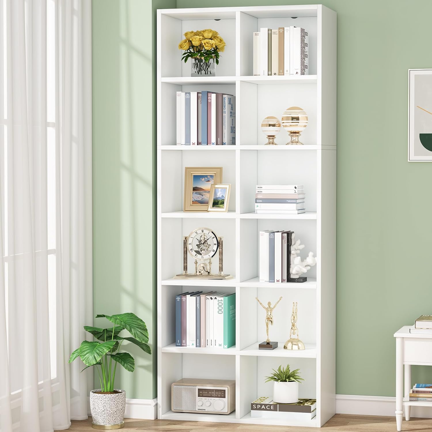 Tribesigns 71.65 Inch Tall Narrow Bookcase Bookshelf, White Modern Bookcase with 12 Cube Storage for Home Office, Vertical or Horizontal