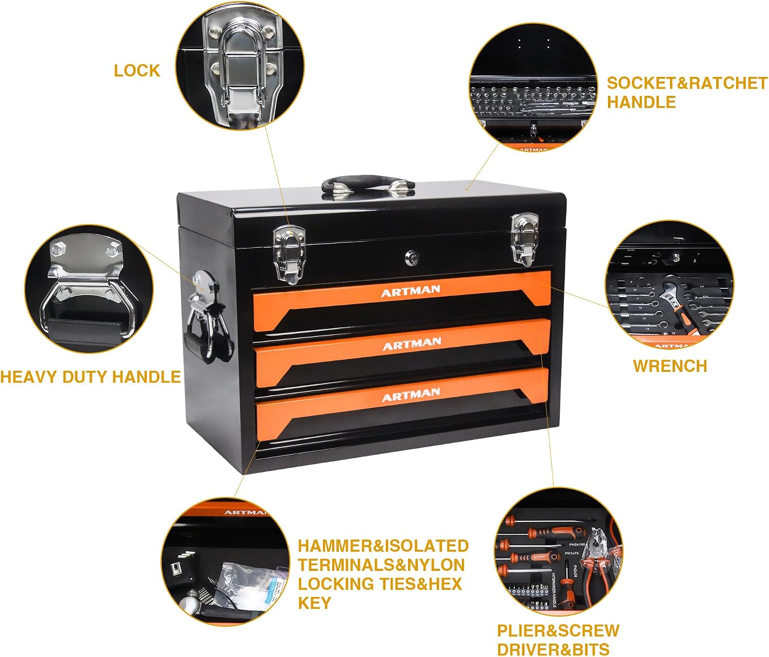 Tool Set and Mechanic Tool Set Box with Handle and 3-Drawer Heavy Duty Metal Box - 339 Piece Tool Kits for Adults Mechanics Workshop Maintenance and Repair Projects - Orange