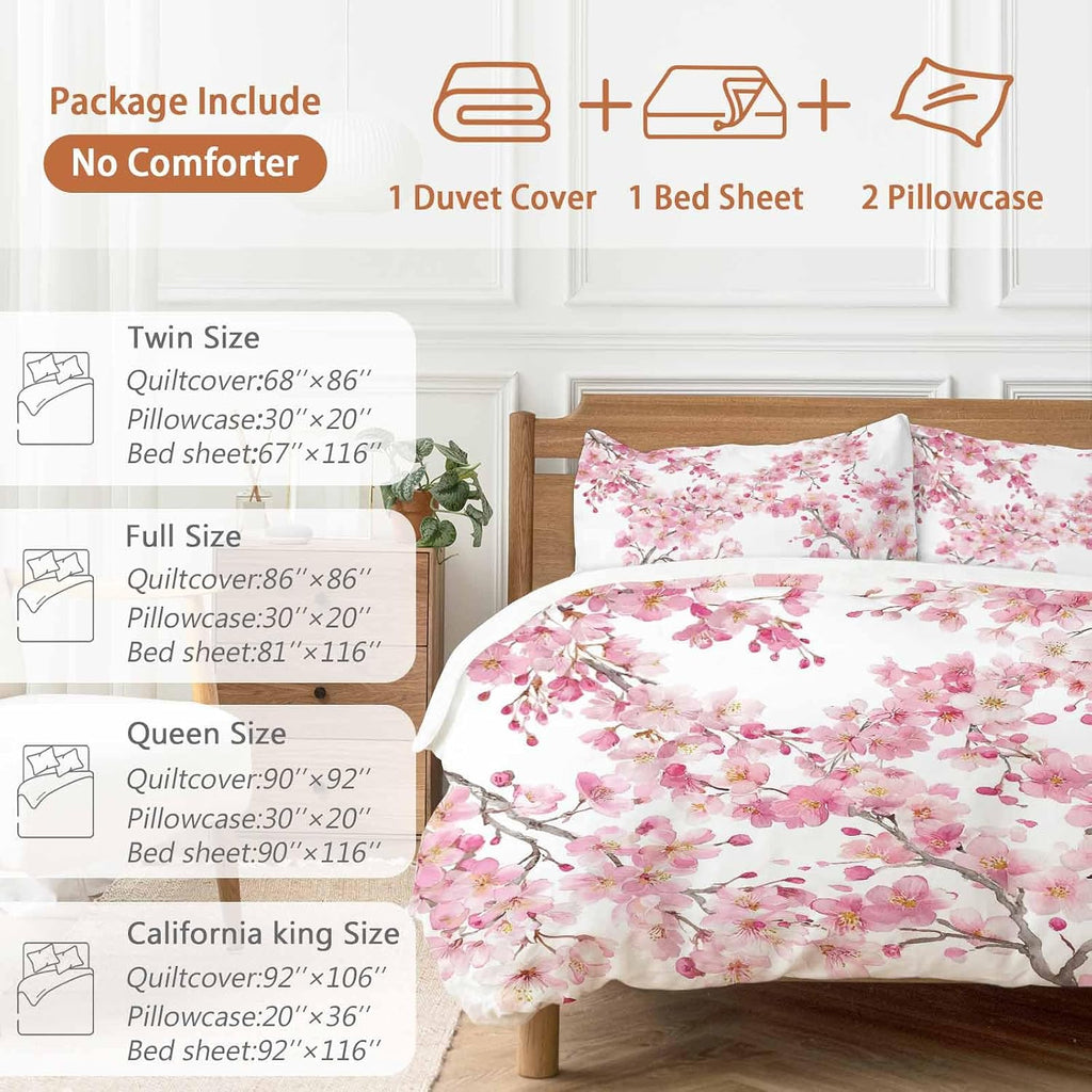 Spring Cherry Blossoms Duvet Cover Set Queen Size 4 Pieces Pink Flowers Branch Watercolor Plant Bedding Set with Zipper Closure, 1 Comforter Cover 86x86 Inches 1 Flat Sheet & 2 Pillow Cases