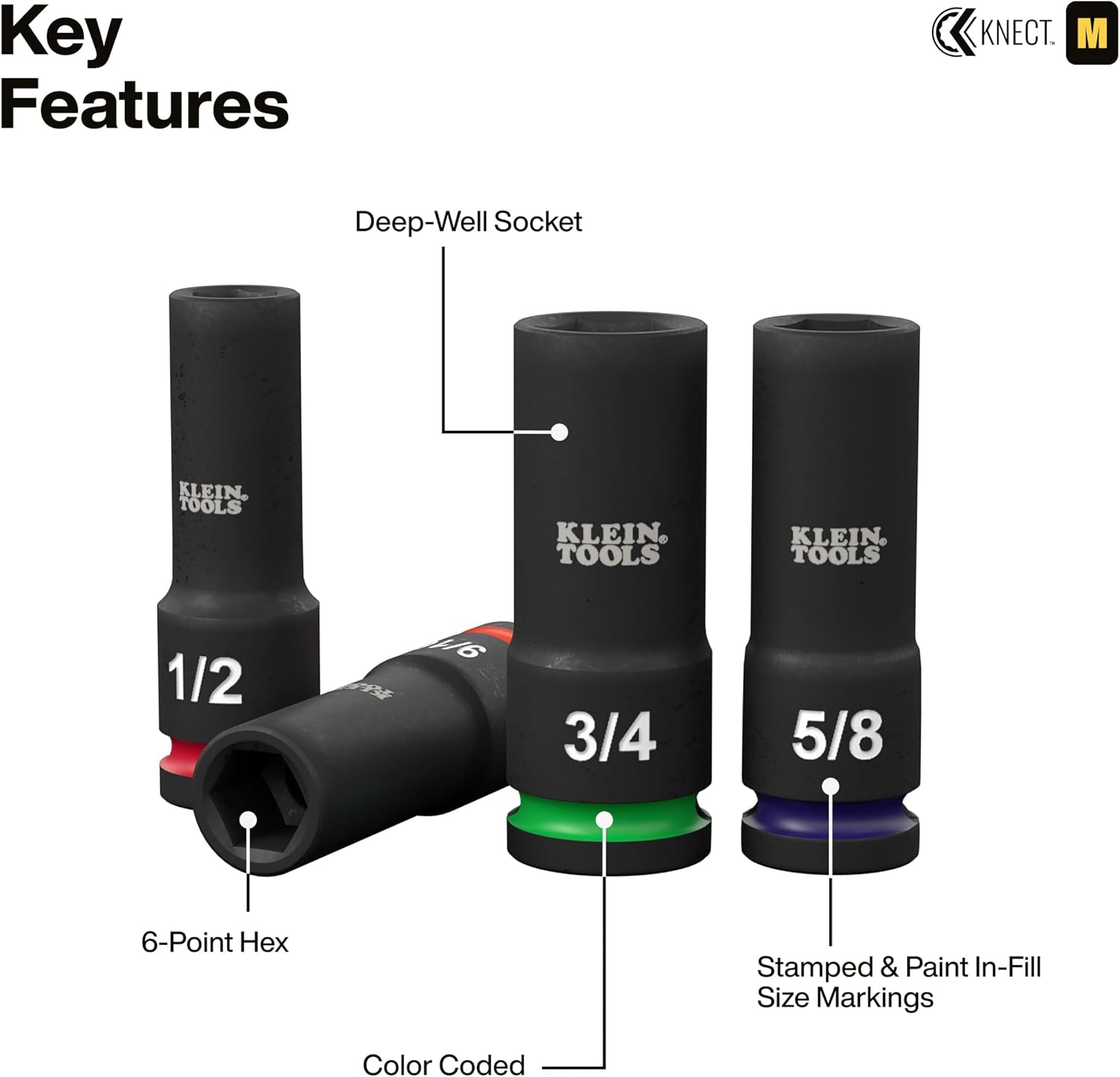 Klein Tools 65123HD KNECT Deep-Well Impact Socket Set, 1/2-Inch Drive, SAE and Metric, 28-Piece Tool Set, 1/4-Inch Impact Driver, Wrench Extensions, Color-Coded, Removable Socket Organizer