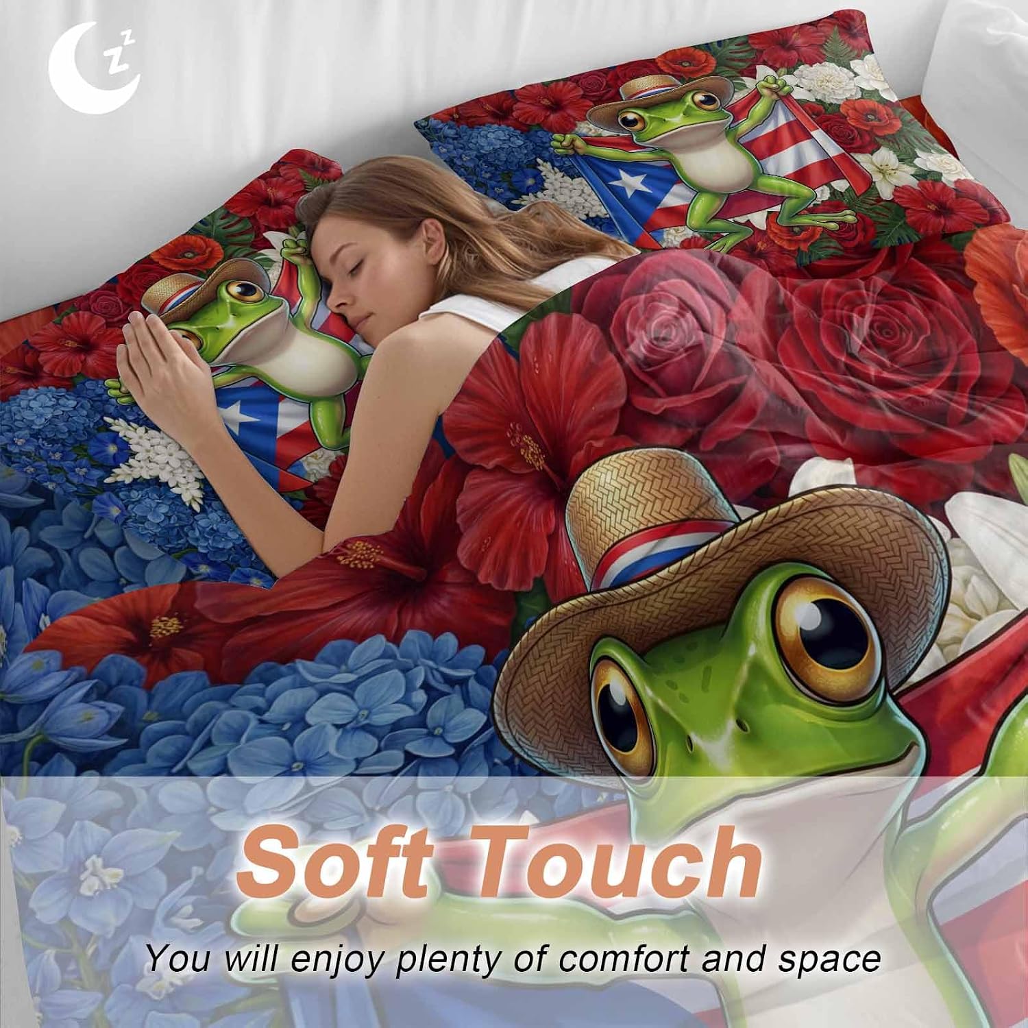 Puerto Rican Duvet Cover Set Queen Size 4 Pieces Flag Themed Watercolor Flowers Cartoon Funny Frog Bedding Set with Zipper Closure, 1 Comforter Cover 92x106 Inches 1 Flat Sheet & 2 Pillow Cases