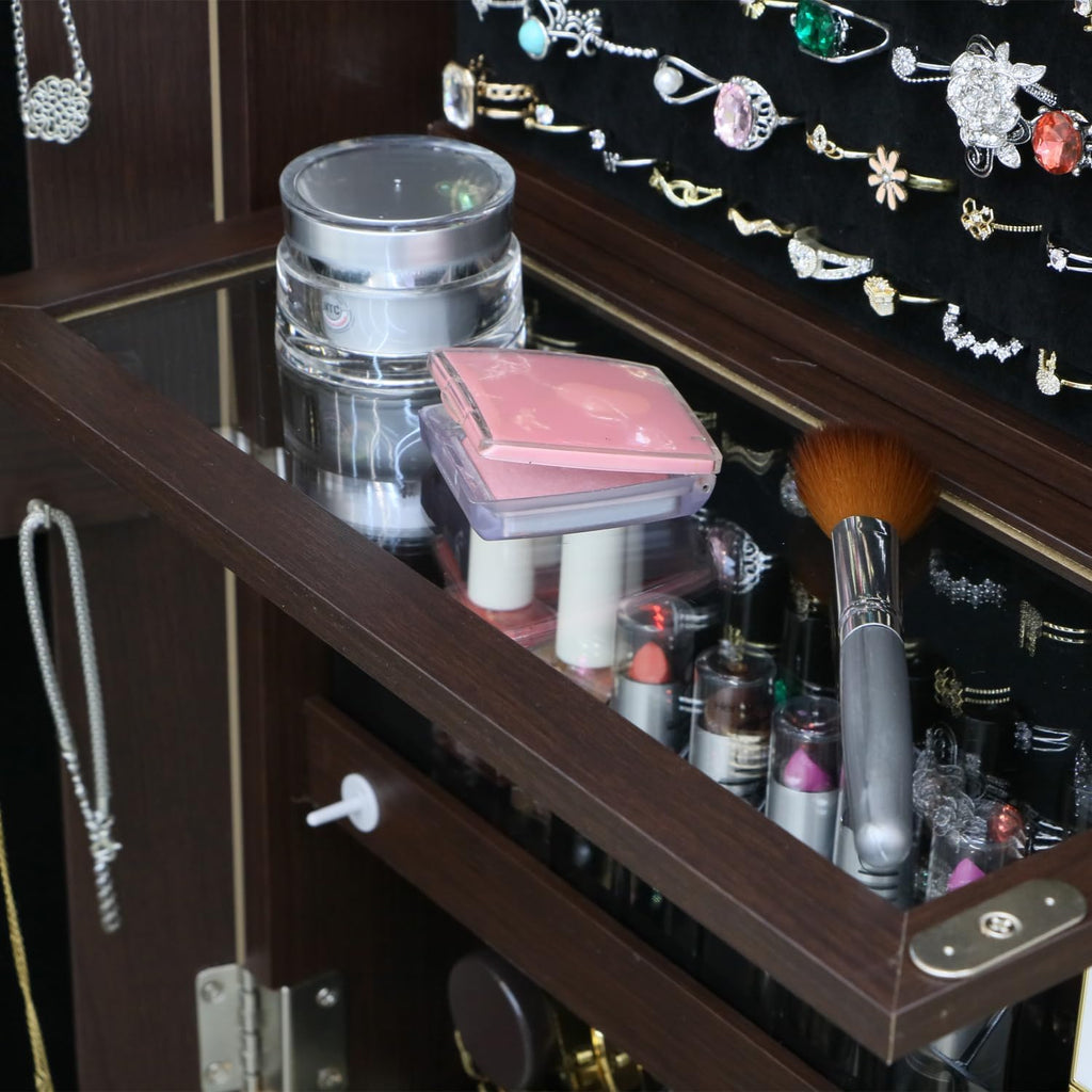 Rotating Standing Jewelry Cabinet with Lockable,Full Length Mirror with Storage Large Capacity Jewelry Organizer Armoire Floor Mirror with Back Storage Shelves for Bedroom Brown