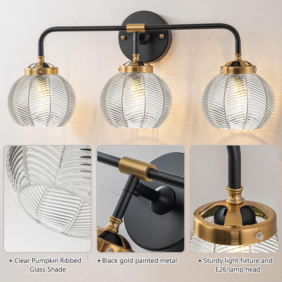 Bathroom Vanity Light Clear Glass Globe Wall Light Fixture Ribbed Glass Shade Mid Century Wall Sconce Lights Fixtures Over Mirror Modern Art Deco Sconces Farmhouse Bathroom Lighting