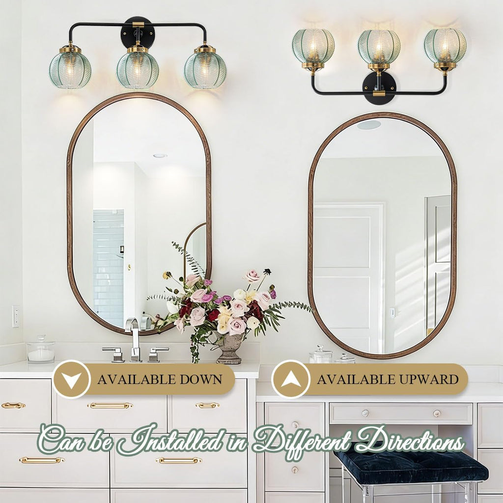 3-Light Bathroom Vanity Light Black Wall Mount Light with Green Glass Shade, Mid Century Wall Sconce Lights Modern Vanity Lamp for Over Mirror Bedroom Hallway
