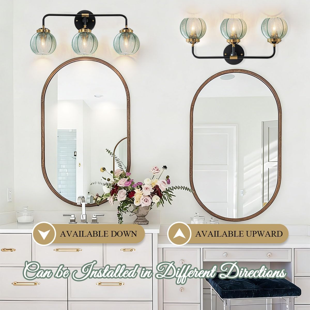 3-Light Bathroom Vanity Light Black Wall Mount Light with Green Glass Shade, Mid Century Wall Sconce Lights Modern Vanity Lamp for Over Mirror Bedroom Hallway