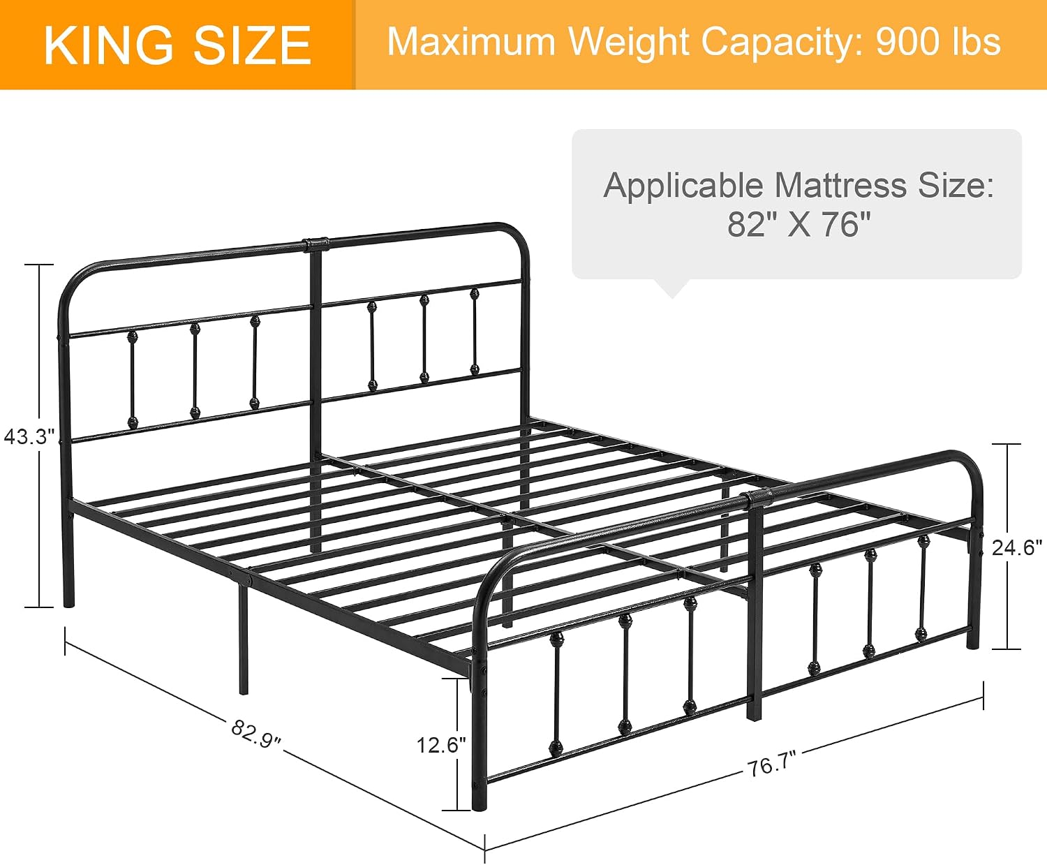 VECELO King Size Victorian Style Metal Bed Frame with Headboard Classic Metal Platform Bed Frame Mattress Foundation with Victorian Style Footboard/Under Bed Storage/No Box Spring Black