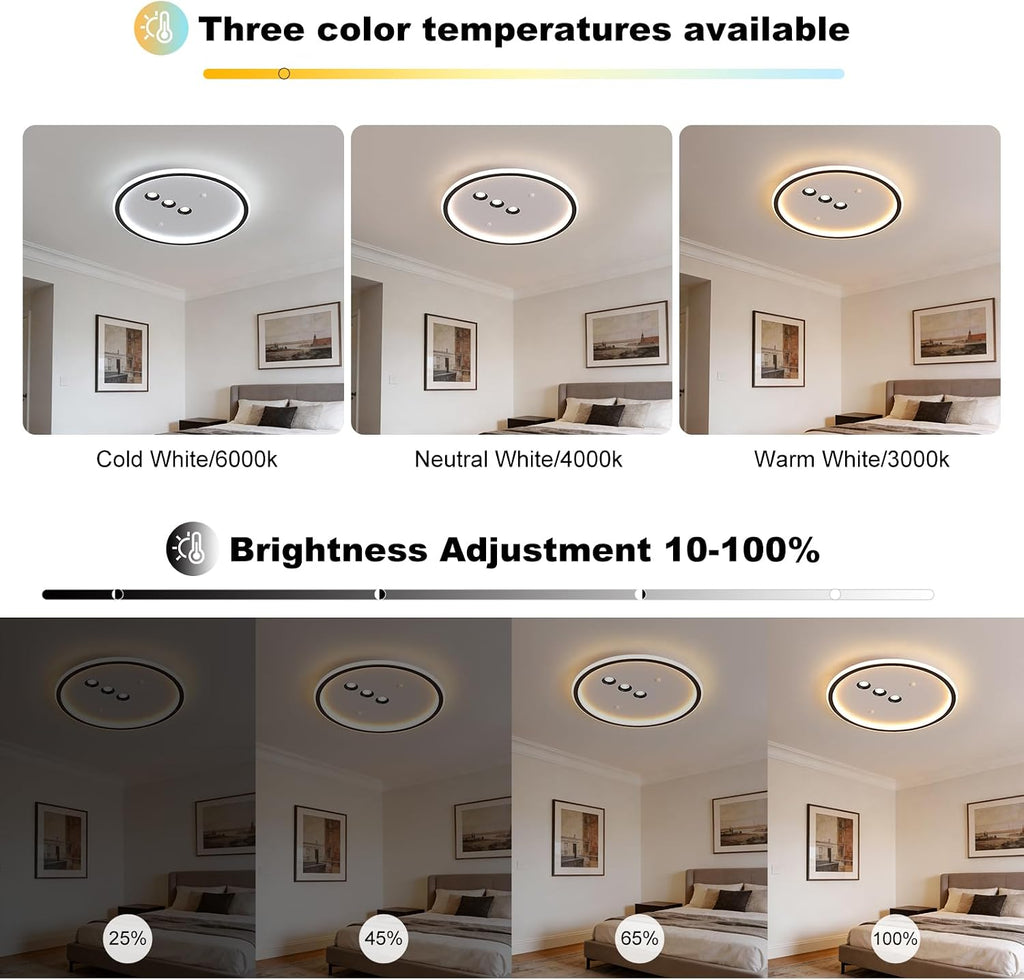 Shine LUEST Modern Round LED Flush Mount Ceiling Light with Black Finish & 3 Adjustable Spotlights, Dimmable Soft Glow Ceiling Lighting for Living Room Bedroom Hallway
