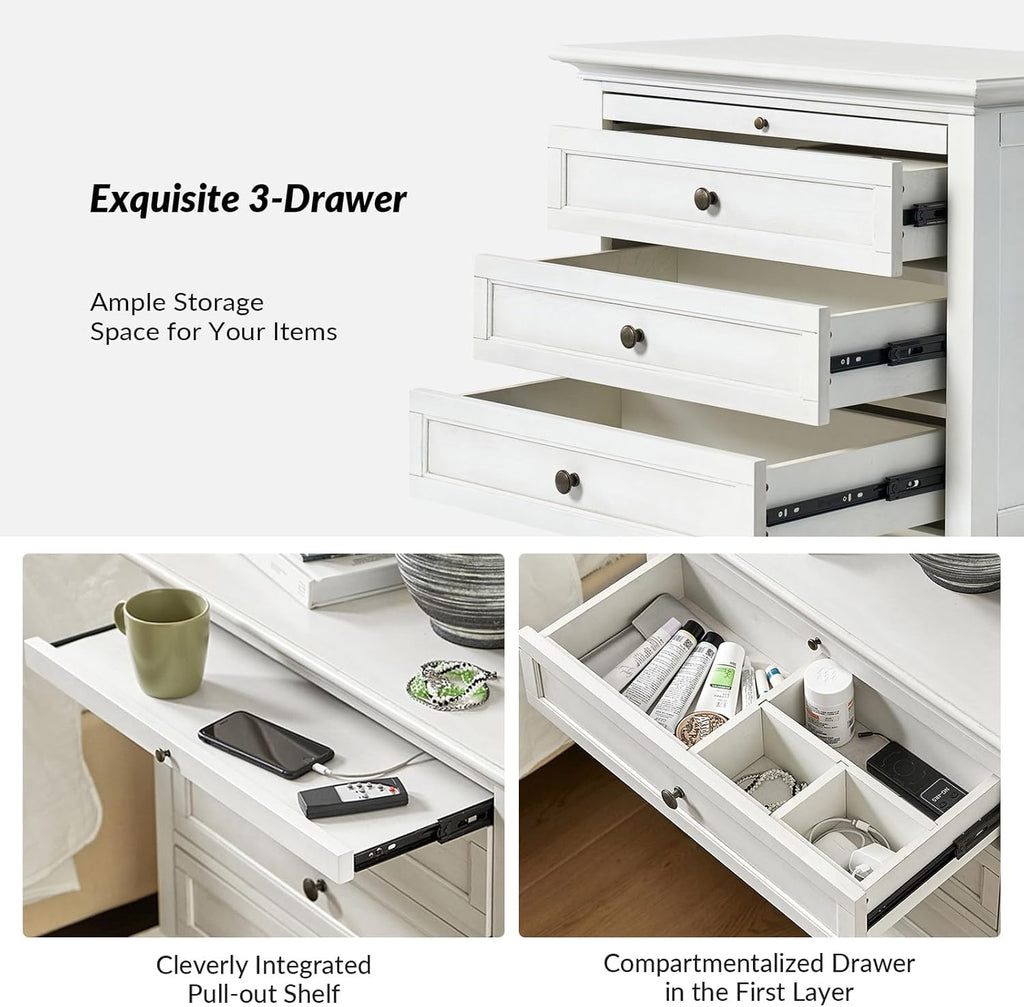 HULALA HOME Farmhouse 3 Drawer End Table with Tray, Drawer Organizer with Solid Wood Legs, End Table with Charging Station（White）