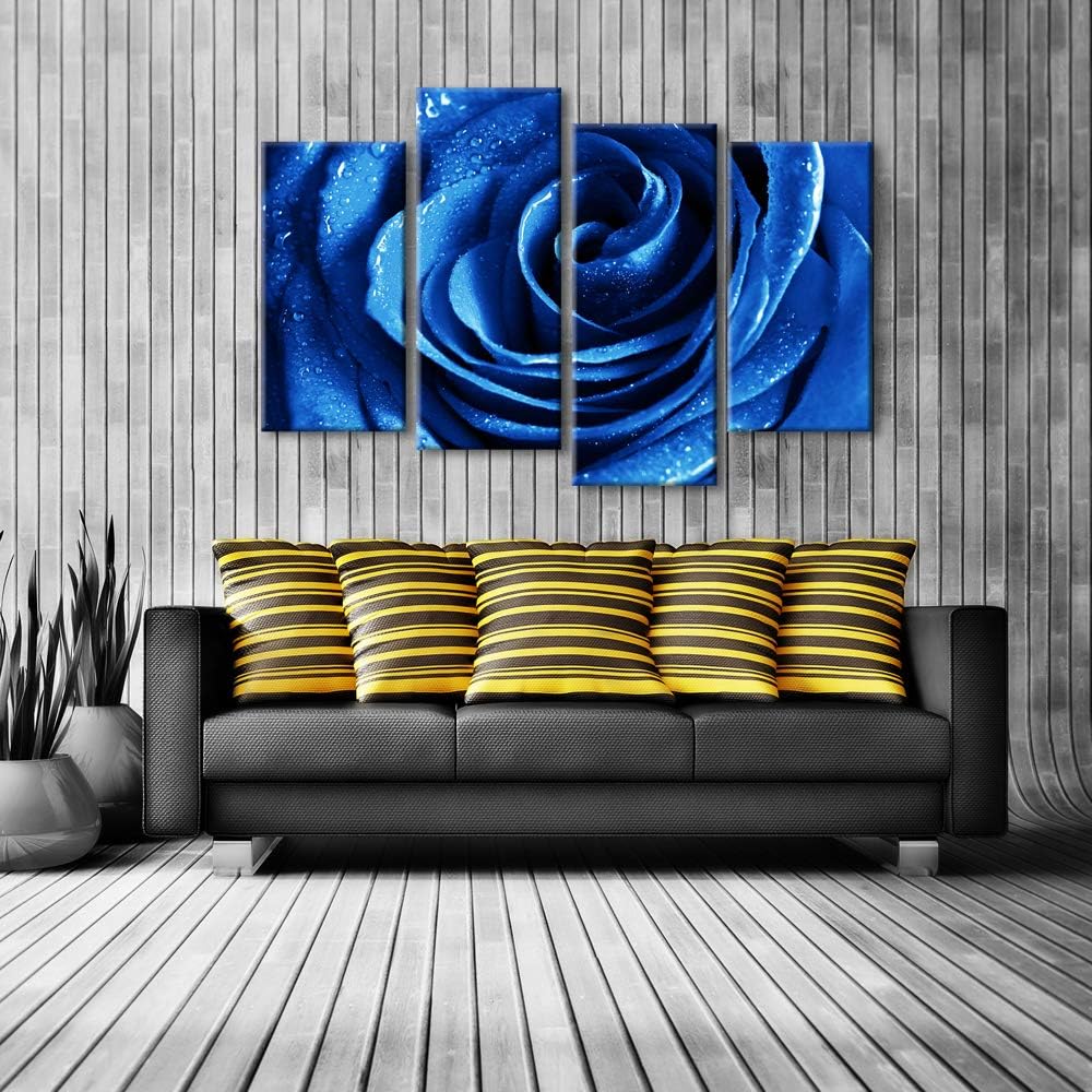 Wieco Art Blue Rose Canvas Prints Wall Art Abstract Romantic Flower Pictures Paintings for Living Room Bedroom Decorations Wall Decor Large 4 Piece Modern Stretched Artwork