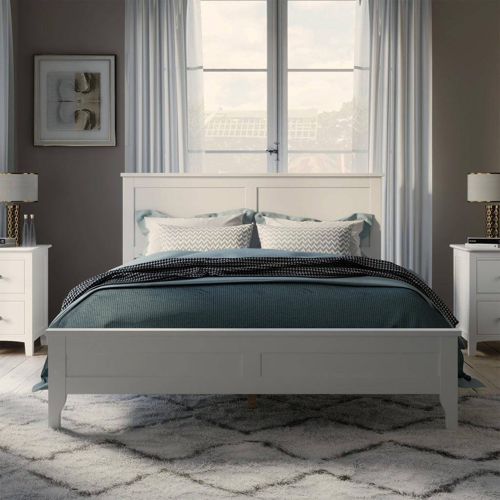 12 Inch Deluxe Full Size Bed Frame with Headboard, Mid Century Retro Style Brown Wood Platform Beds Frames, No Box Spring Needed, 13 Strong Wooden Slat Support, Easy Assembly (White, Full)