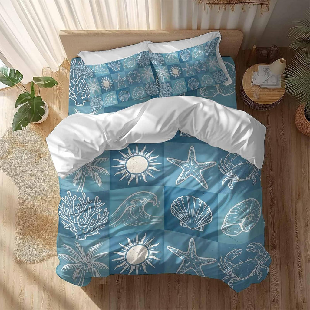 Prime Leader Blue Coastal Duvet Cover Set Queen Size 4 Pieces Summer Ocean Waves Shell Crab Coconut Tree Bedding Set with Zipper Closure, 1 Comforter Cover 92x106 Inches 1 Flat Sheet & 2 Pillow Cases