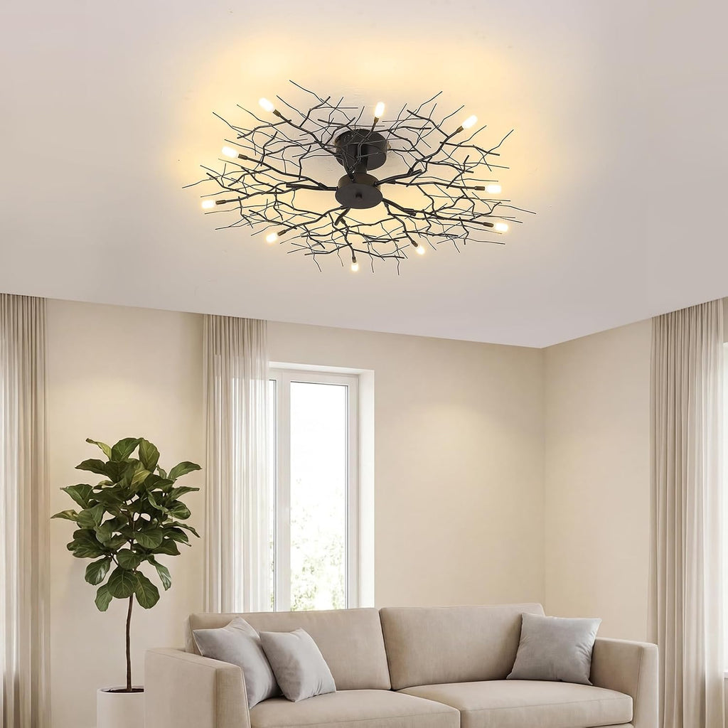 37' Large Semi Flush Mount Ceiling Light Fixture,Black Modern Chandelier with Branch Shapes,10-Lights Industrial Close to Ceiling Light Fixtures for Living Room Bedroom Kitchen Dining Room
