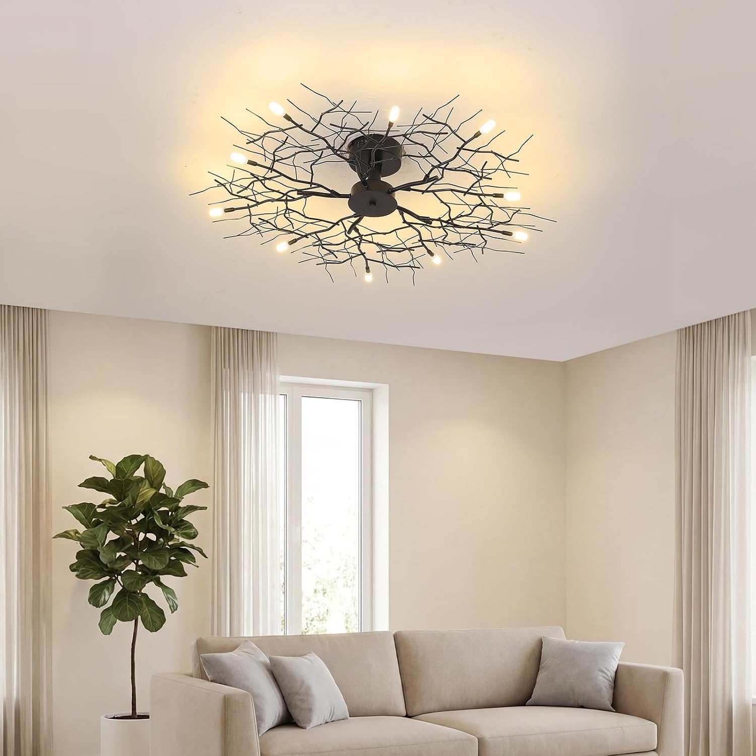 37' Large Semi Flush Mount Ceiling Light Fixture,Black Modern Chandelier with Branch Shapes,10-Lights Industrial Close to Ceiling Light Fixtures for Living Room Bedroom Kitchen Dining Room