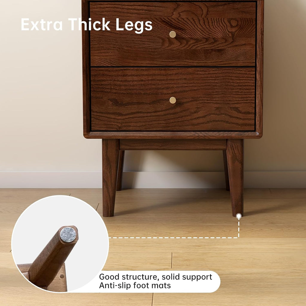 Solid Oak Wood Nightstand with 2 Drawers, Walnut Bedside Tables, Mid Century Modern Nightstand, Small Night Stand for Small Spaces for Bedroom(19.69' H)
