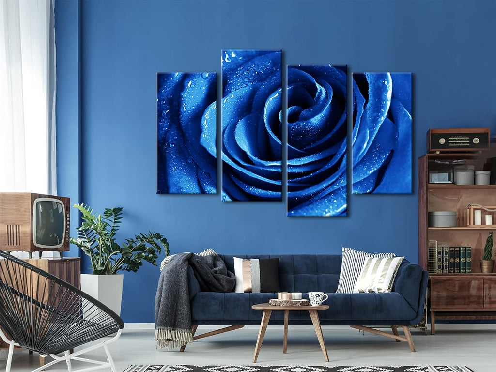 Wieco Art Blue Rose Canvas Prints Wall Art Abstract Romantic Flower Pictures Paintings for Living Room Bedroom Decorations Wall Decor Large 4 Piece Modern Stretched Artwork