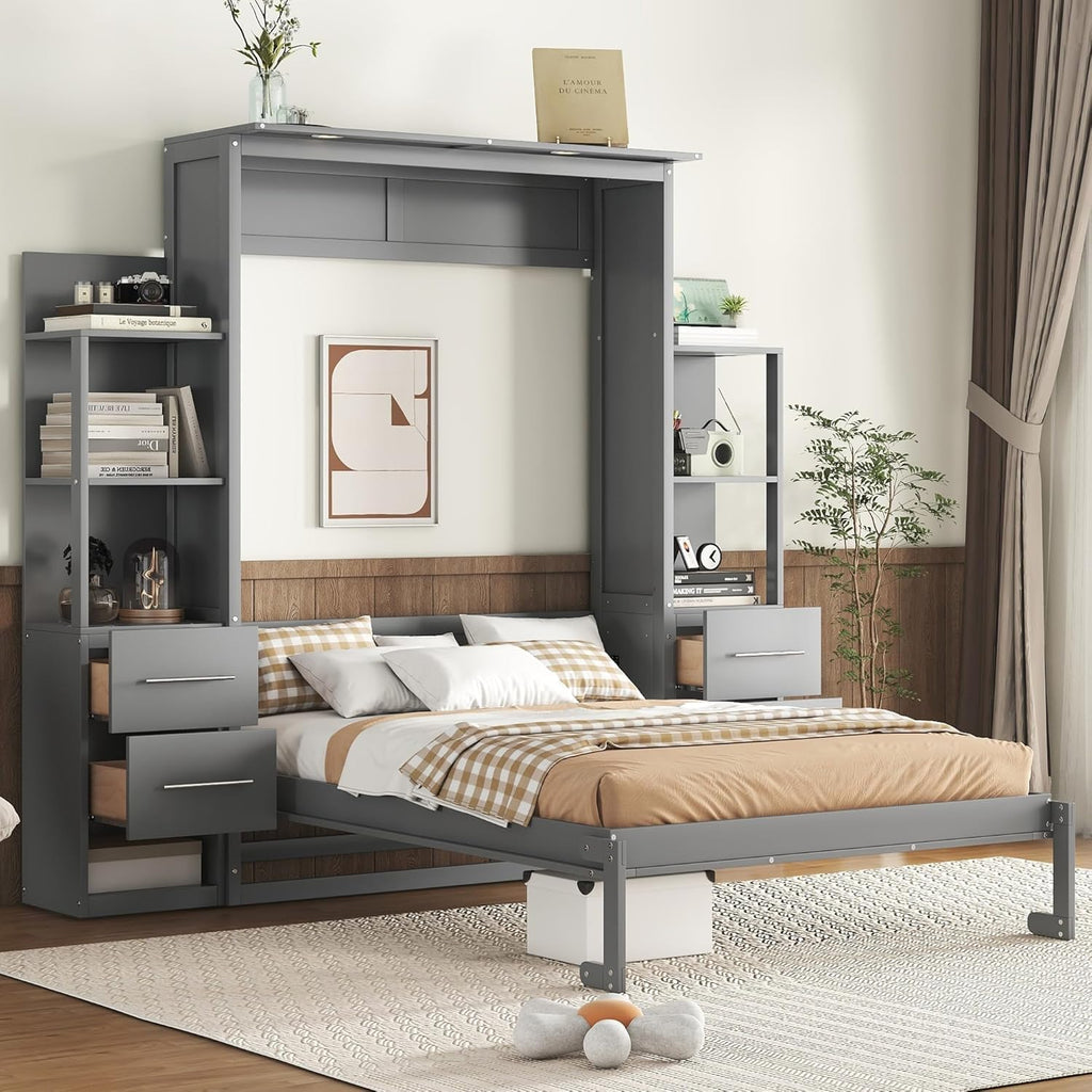 MERITLINE Queen Murphy Bed with Storage Shelves,Bookcase,Drawers & LED Lights,Wood Murphy Wall Bed Cabinet for Adults