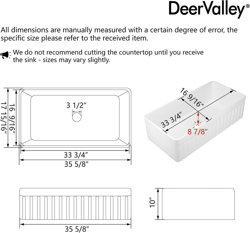 DeerValley Solstice Fireclay Farmhouse Sinks, 35.6'L x 18'W Farmhouse Kitchen Sink White Large Single Bowl Farm Sink Reversible Apron Front with Sink Grid and Basket Strainer