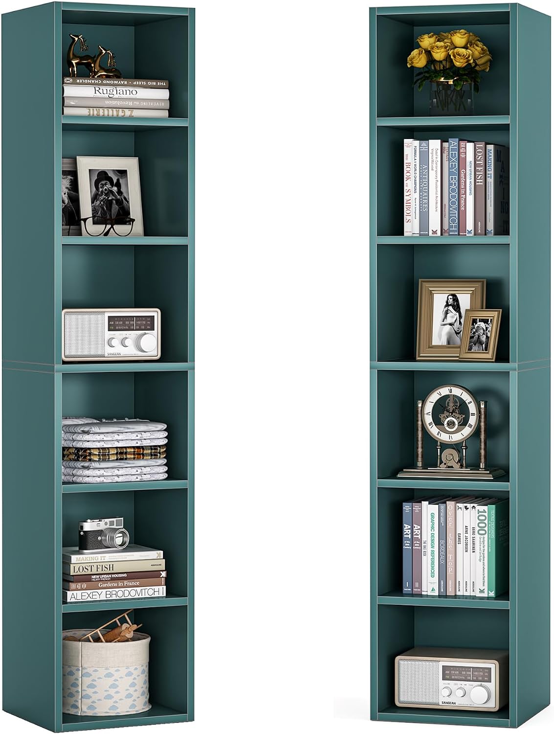 Tribesigns 70.9 Inch Tall Narrow Bookcase Set of 2, Rustic Corner Bookcase with Storage, 6 Tier Cube Display Shelves for Home Office