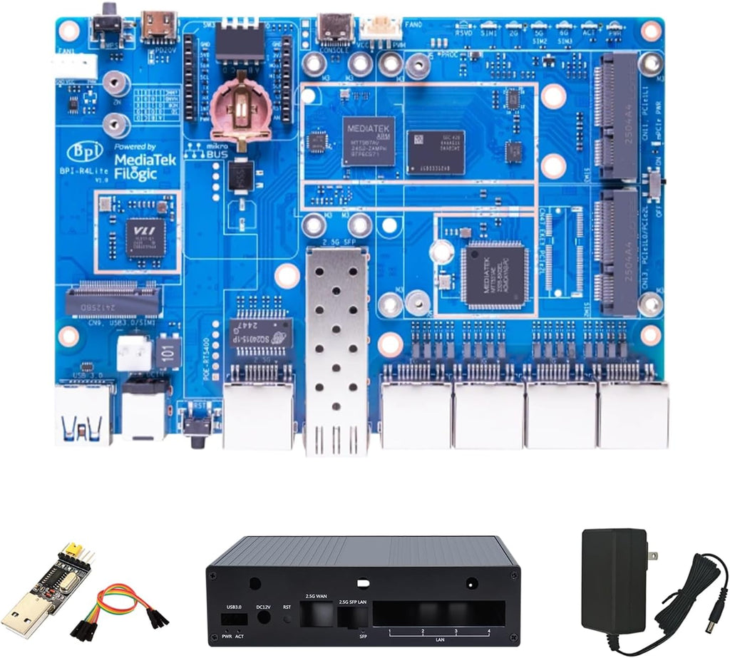 Banana Pi BPI-R4 Lite Wi-Fi 7 Development/Router Board, Quad-Core MT7987A SOC, 2.5G SFP&RJ45 WAN, OpenWrt,8GB eMMC,4xGbE Ports, Support 4G/5G, NAS Smart Home Gateway (with Case, 2GB RAM)