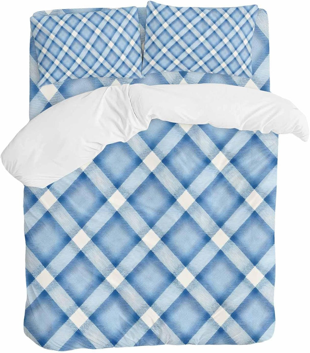 Prime Leader Blue Checkered Duvet Cover Set Queen Size 4 Pieces Modern Minimalist Watercolor Country Farm Bedding Set with Zipper Closure, 1 Comforter Cover 90x92 Inches 1 Flat Sheet & 2 Pillow Cases