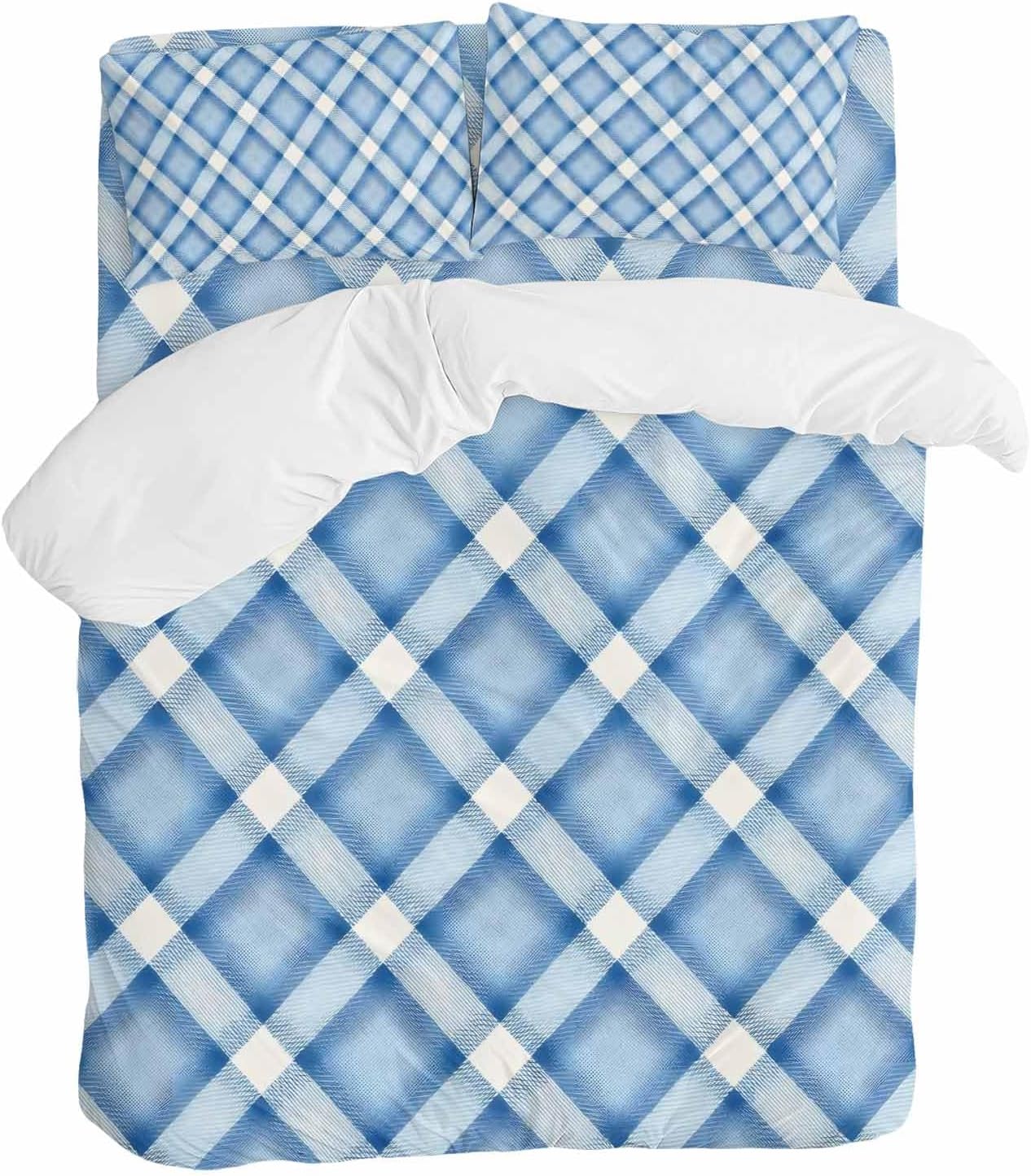 Prime Leader Blue Checkered Duvet Cover Set Queen Size 4 Pieces Modern Minimalist Watercolor Country Farm Bedding Set with Zipper Closure, 1 Comforter Cover 86x86 Inches 1 Flat Sheet & 2 Pillow Cases