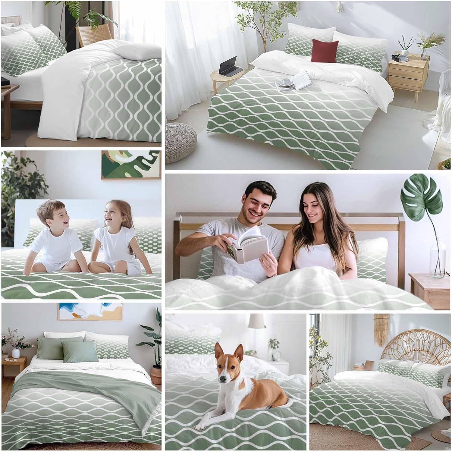 Green Ombre Morocco Duvet Cover Set Queen Size 4 Pieces Modern Geometric Wave Lines Abstract Bedding Set with Zipper Closure, 1 Comforter Cover 92x106 Inches 1 Flat Sheet & 2 Pillow Cases
