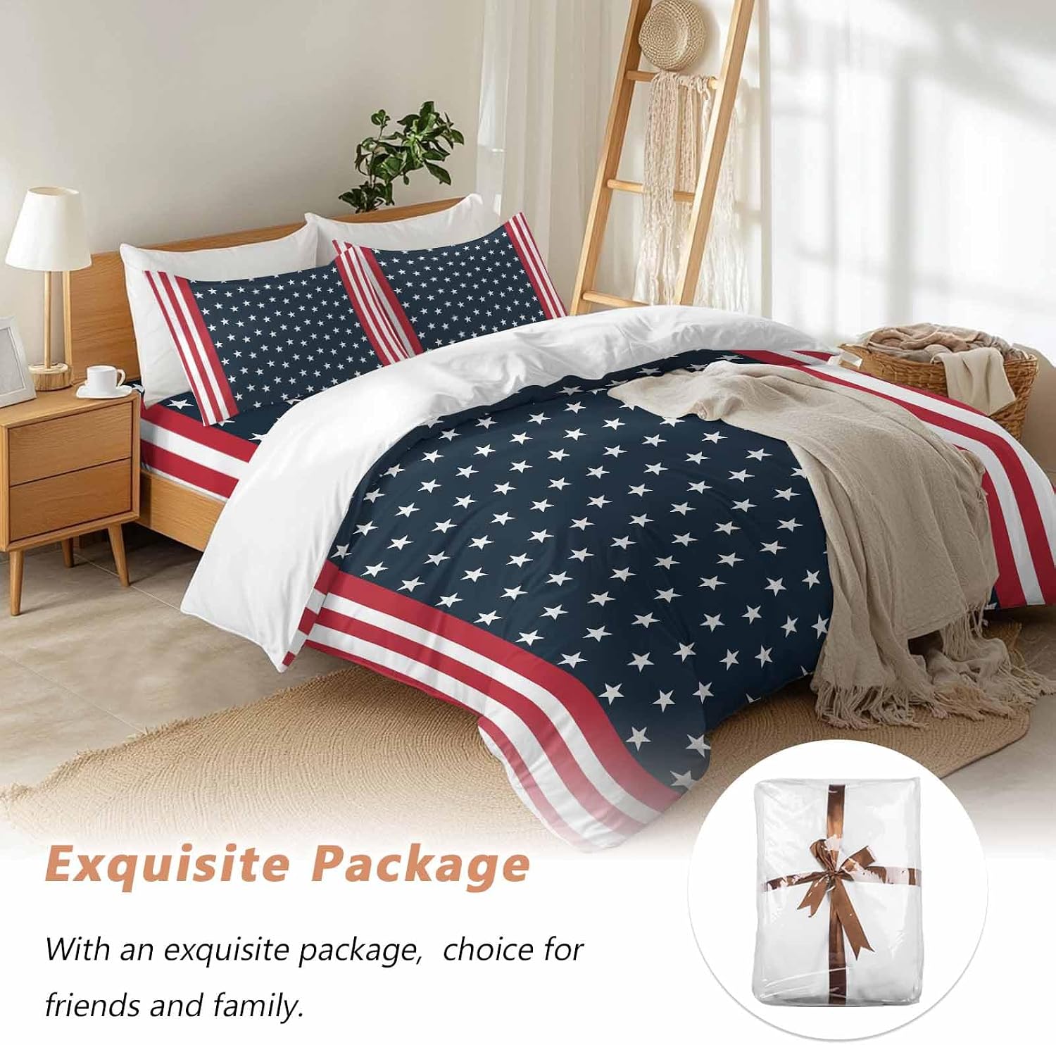 Independence Day Duvet Cover Set Queen Size 4 Pieces U.S. Flag Themed White Five-Pointed Star Bedding Set with Zipper Closure, 1 Comforter Cover 92x106 Inches 1 Flat Sheet & 2 Pillow Cases