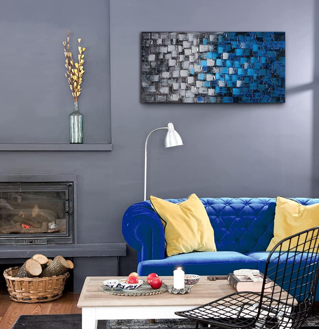 Abstract Dark Blue and Silver Painting Pictures Modern 3D Textured Squares Wall Art on Canvas for Home and Office Decoration Framed Ready to Hang 56x28inch