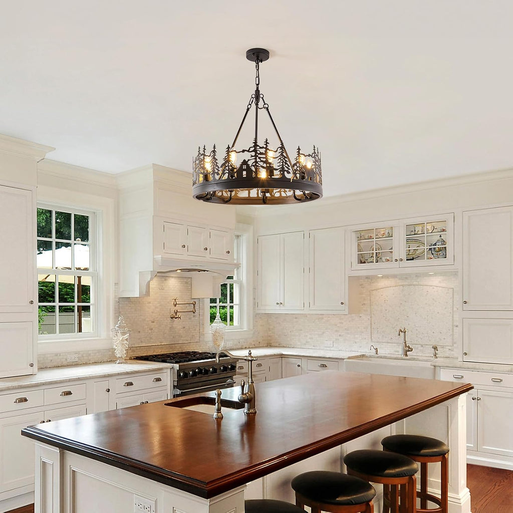 9-Light Rustic Farmhouse Chandelier, Black Wagon Wheel Pendant Light Fixture 23.6' Round Vintage Bear Chandelier for Dining Room Living Room Kitchen