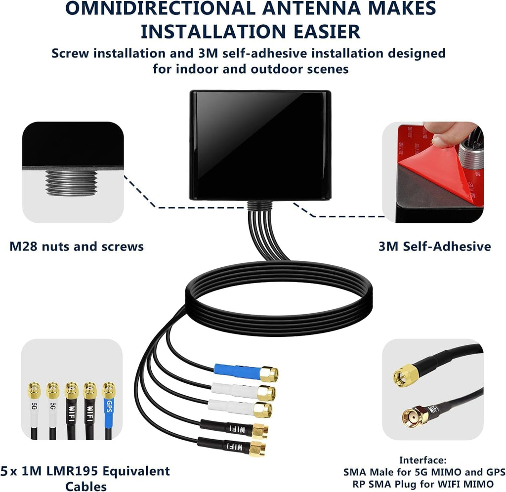 Maswell Combo 2X2 MIMO Antenna, Up to 6dBi, Omni 600-8000MHz, GNSS and MIMO WiFi and MIMO 3G 4G LTE 5G for Hotspots, Routers, Gateways, Verizon, AT&T, T-Mobile Home Internet, WiFi 7 Ready (Full Kit)