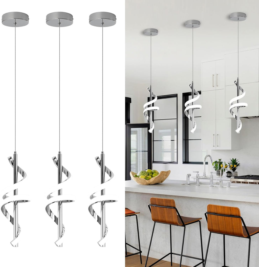Spiral Led Pendant Light Fixtures, 5500K Cold White Modern Led Pendant Lamp Kitchen Island, Adjustable Height Kitchen Island Lights Fixtures for Dining Room Kitchen Bedroom Cafe, 3 Packs