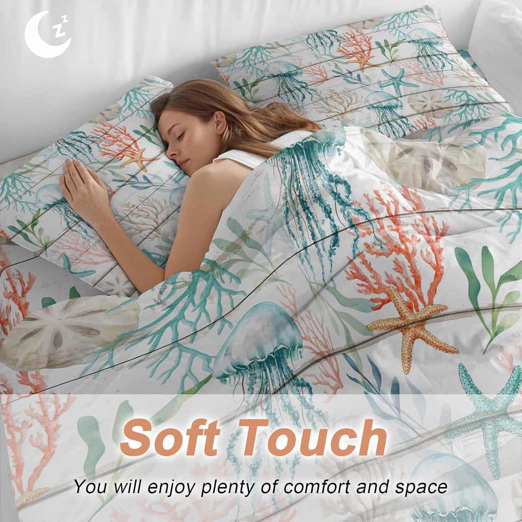 Prime Leader Teal Jellyfish Starfish Duvet Cover Set Queen Size 4 Pieces Summer Beach Coral Shell Board Bedding Set with Zipper Closure, 1 Comforter Cover 90x92 Inches 1 Flat Sheet & 2 Pillow Cases
