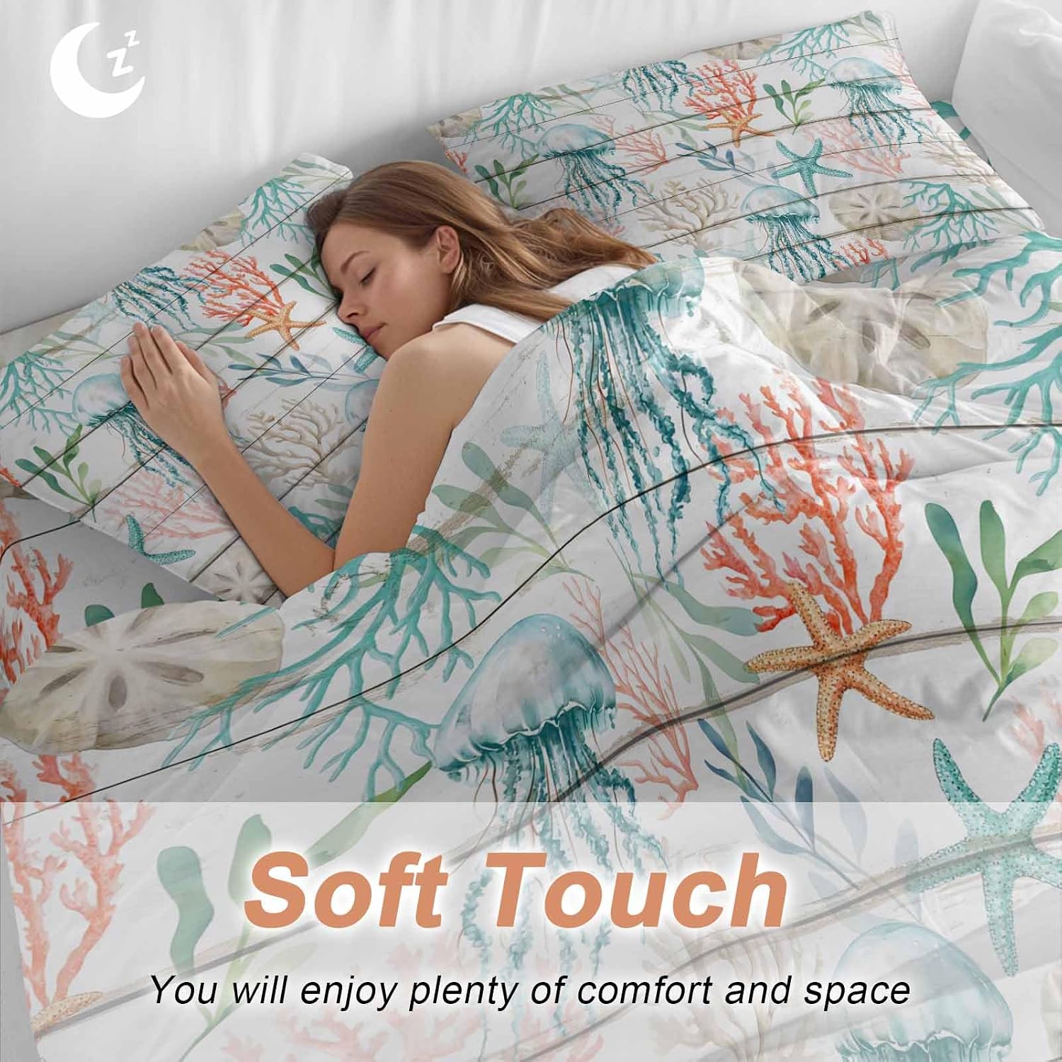 Prime Leader Teal Jellyfish Starfish Duvet Cover Set Queen Size 4 Pieces Summer Beach Coral Shell Board Bedding Set with Zipper Closure, 1 Comforter Cover 90x92 Inches 1 Flat Sheet & 2 Pillow Cases