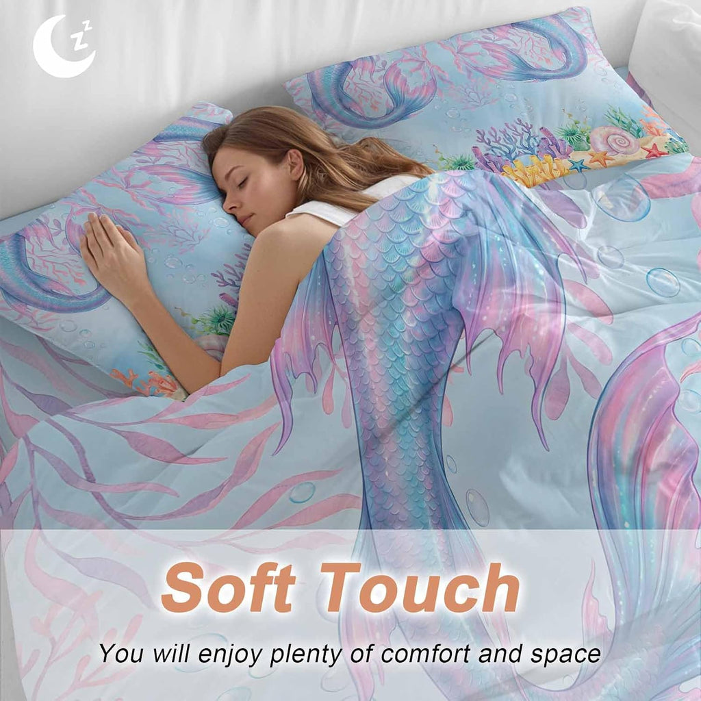 Ocean Marine Life Duvet Cover Set Queen Size 4 Pieces Watercolor Fish Tails Starfish Sea Nut Seagrass Bedding Set with Zipper Closure, 1 Comforter Cover 92x106 Inches 1 Flat Sheet & 2 Pillow Cases