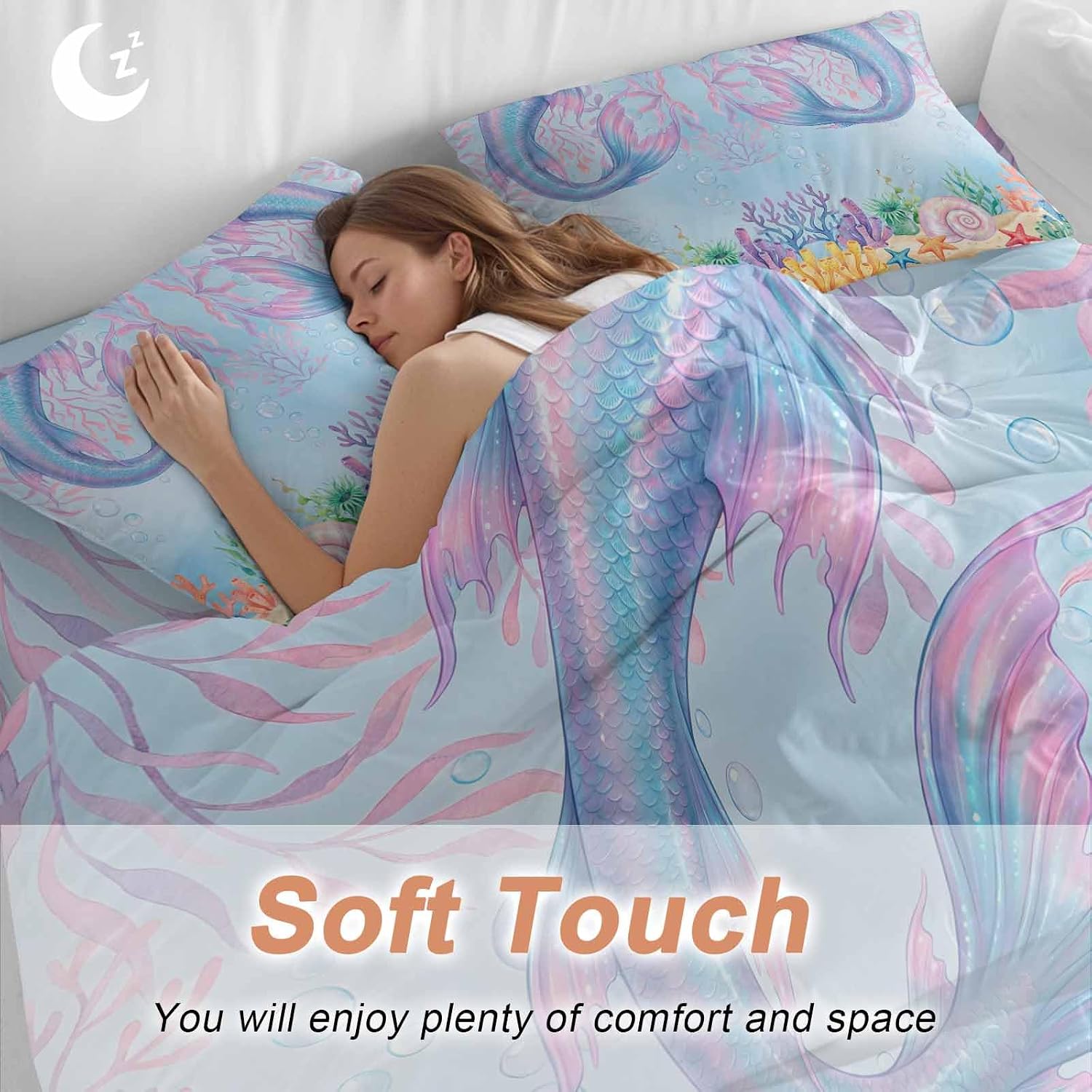 Ocean Marine Life Duvet Cover Set Queen Size 4 Pieces Watercolor Fish Tails Starfish Sea Nut Seagrass Bedding Set with Zipper Closure, 1 Comforter Cover 92x106 Inches 1 Flat Sheet & 2 Pillow Cases